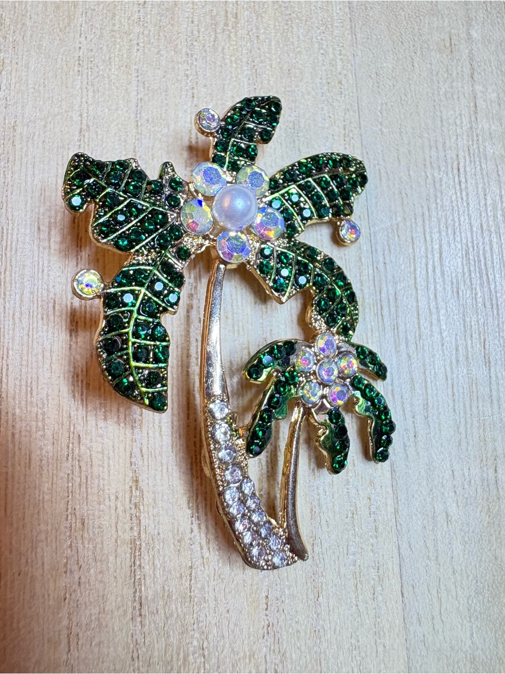 Green Crystal Palm Tree Brooch with Aurora Flower Accents
